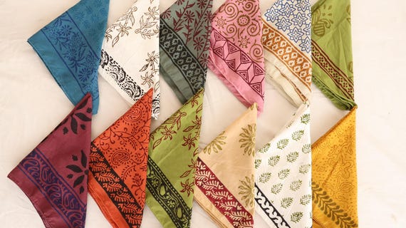 Bandana Set of 12, Organic Cotton Bandanas, Handmade Head Scarf, Natural Dye Bandana, , Boho Bandana Set, Assorted Cotton Scarves