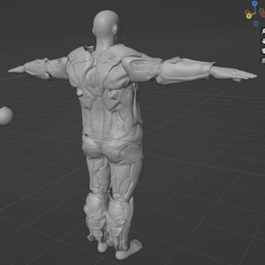 May include: A gray 3D model of a person wearing a detailed, futuristic suit. The model is standing with arms outstretched and is facing away from the camera.