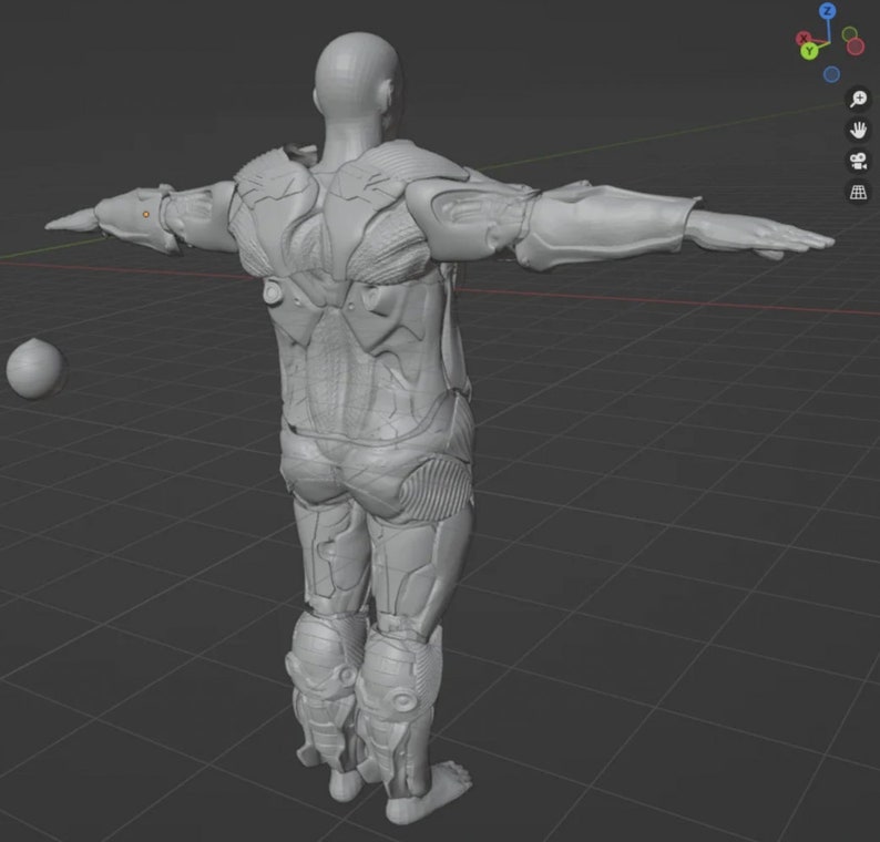 May include: A gray 3D model of a person wearing a detailed, futuristic suit. The model is standing with arms outstretched and is facing away from the camera.
