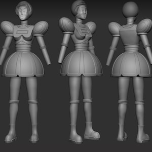 May include: A gray, robot-like figure with a skirt, boots, and a blank rectangular panel on the chest. The figure is shown from three different angles.