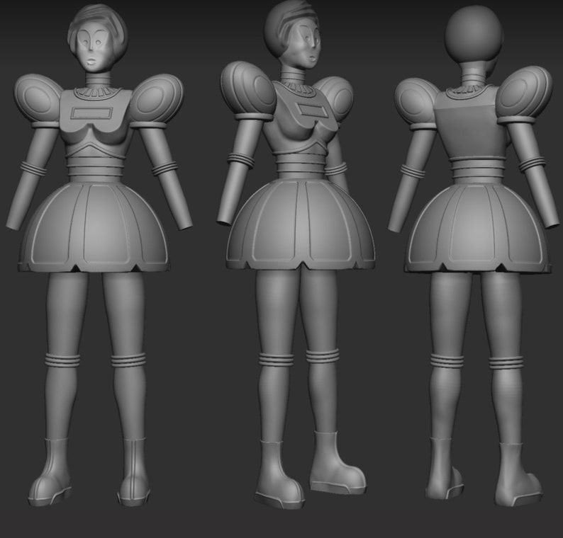 May include: A gray, robot-like figure with a skirt, boots, and a blank rectangular panel on the chest. The figure is shown from three different angles.