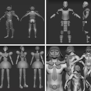 May include: A set of 3D models of different characters wearing armor and helmets. The models are in various poses and are made of gray plastic.
