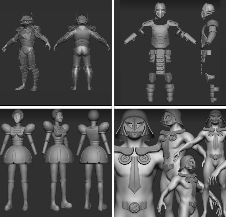 May include: A set of 3D models of different characters wearing armor and helmets. The models are in various poses and are made of gray plastic.