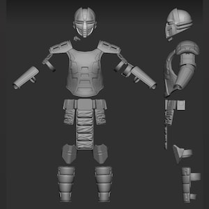 May include: A 3D printed model of a futuristic samurai warrior armor set. The armor is made up of separate pieces, including a helmet, chest plate, shoulder pads, gauntlets, leg guards, and a belt. The model is printed in a light gray color.