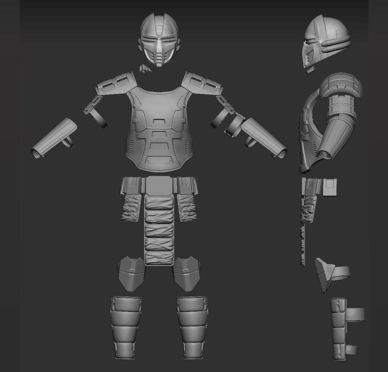 May include: A 3D printed model of a futuristic samurai warrior armor set. The armor is made up of separate pieces, including a helmet, chest plate, shoulder pads, gauntlets, leg guards, and a belt. The model is printed in a light gray color.