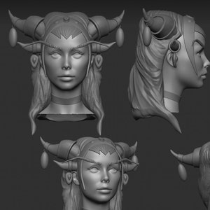 May include: A 3D model of a woman's head with horns and a detailed face. The model is in a neutral expression and has long hair. The model is in a gray color.