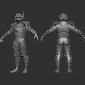 May include: A 3D model of a character wearing a detailed, gray, segmented armor suit with a helmet featuring a sharp, pointed crest and a menacing, toothy mouth.