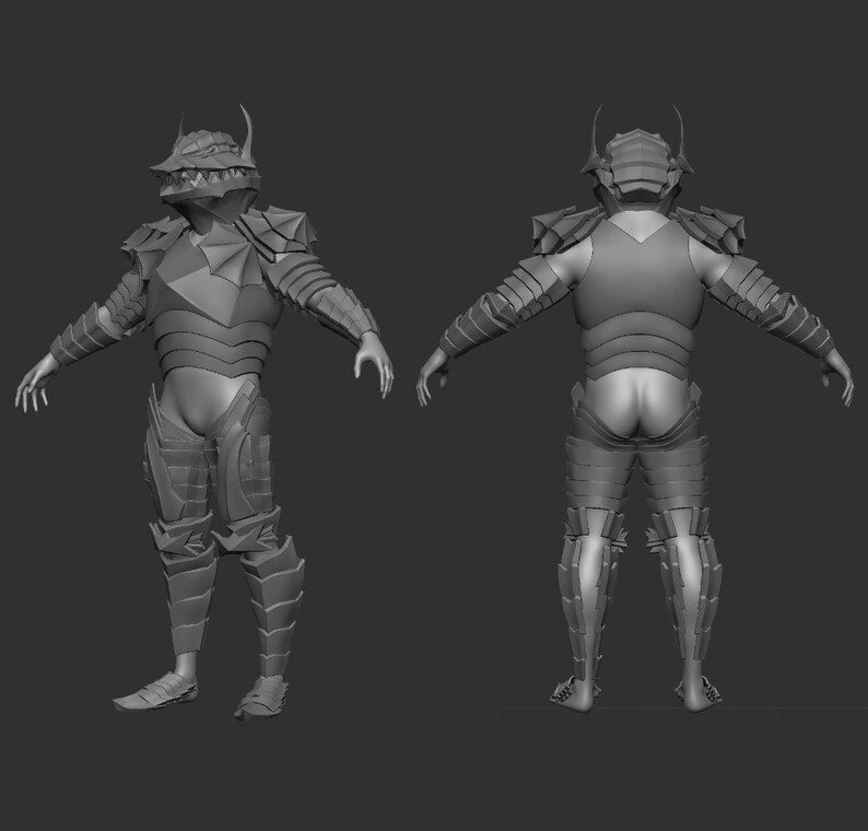 May include: A 3D model of a character wearing a detailed, gray, segmented armor suit with a helmet featuring a sharp, pointed crest and a menacing, toothy mouth.