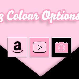 May include: Three color options for social media icons. The icons are for Amazon, YouTube, and a camera. The icons are on a pink and black background.