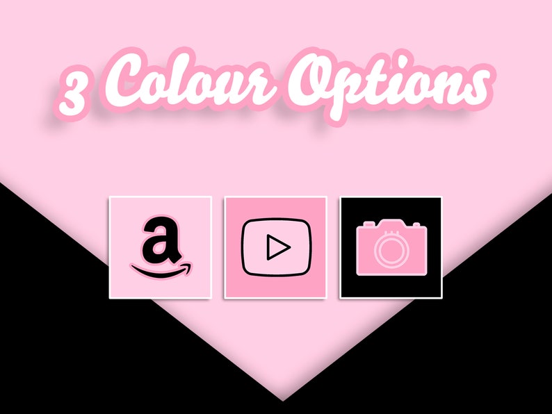 May include: Three color options for social media icons. The icons are for Amazon, YouTube, and a camera. The icons are on a pink and black background.