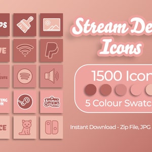 以下が含まれることがあります： 5つの異なるピンクの色合いで構成された1500個のStream Deckアイコンのセット。アイコンはグリッド形式で配置されており、アプリ、ライブストリーミング、PCショートカット、まもなく開始、顔のアイコンが含まれています。アイコンはJPG形式で、すぐにダウンロードできます。