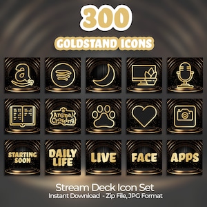 May include: A set of 300 gold-colored icons for use with a streaming deck. The icons are displayed on a black background with gold accents. The icons include popular social media platforms, gaming icons, and general streaming icons.