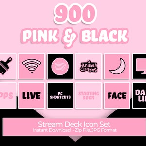 May include: A set of 900 pink and black Stream Deck icons. The icons include a paintbrush, wifi symbol, music note, Animal Crossing logo, crescent moon, computer monitor, the word "APPS", the word "LIVE", the words "PC SHORTCUTS", the words "STARTING SOON", the word "FACE", and the words "DAILY LIFE".
