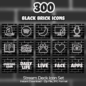 Puede incluir: Un conjunto de 300 iconos de ladrillo negro para usar con una plataforma de transmisión. Los iconos son blancos y presentan varias aplicaciones, logotipos y símbolos populares. Los iconos están dispuestos en una cuadrícula sobre un fondo de ladrillo negro.
