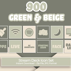 Könnte beinhalten: Ein Set mit 900 grünen und beigen Stream Deck-Symbolen. Die Symbole beinhalten einen Pinsel, ein WLAN-Symbol, eine Musiknote, das Animal Crossing-Logo, einen Halbmond, einen Computermonitor, Apps, Live, PC-Verknüpfungen, in Kürze, Gesicht und das tägliche Leben.