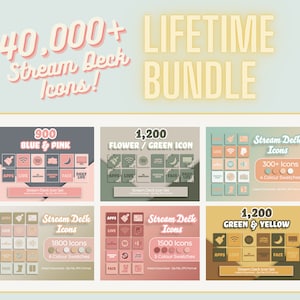 May include: A collection of Stream Deck icon sets for streamers. The sets include 900 blue and pink icons, 1,200 flower and green icons, 1,800 icons in six colour swatches, 1,500 icons in five colour swatches, 1,200 green and yellow icons, and 300+ icons in four colour swatches.