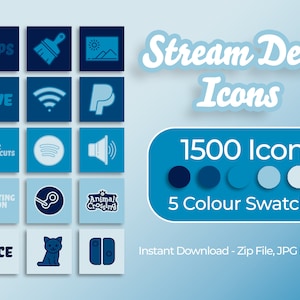 Może przedstawiać: Niebiesko-biała grafika z tekstem "Stream Deck Icons" i "1500 Icons". Grafika zawiera również pięć wzorów kolorów i siatkę dziewięciu ikon z różnymi wzorami, w tym pędzel, symbol Wi-Fi, kontroler gry i kota.