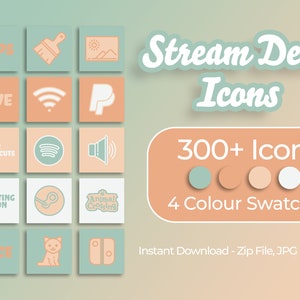 Puede incluir: Un conjunto de más de 300 iconos de Stream Deck en cuatro muestras de color: verde azulado, melocotón, melocotón claro y blanco. Los iconos se muestran en una cuadrícula con etiquetas como "Aplicaciones", "En directo", "Atajos de PC", "Próximamente" y "Cara".
