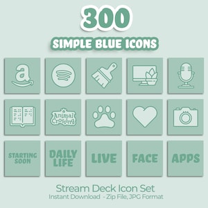 May include: A set of 300 simple blue icons for use with a Stream Deck. The icons are in a light blue colour on a green background. The icons include a variety of popular apps, games, and other symbols.