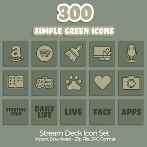 Könnte beinhalten: Ein Satz von 16 grünen Symbolen für ein Streaming-Deck. Die Symbole beinhalten ein Mikrofon, einen Pinsel, ein Herz, einen Pfotenabdruck, eine Kamera, ein Buch, einen Gamecontroller, einen Computermonitor, eine Musiknote, einen Einkaufswagen und Text, der "Bald Start", "Alltag", "Live", "Gesicht" und "Apps" sagt.