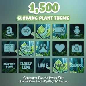 May include: A set of 15 green and blue icons for a streaming deck. The icons feature a variety of images, including a microphone, a camera, a heart, a paw print, a book, a plant, a moon, a computer screen, a game controller, and text that says "Starting Soon", "Daily Life", "Live", "Face", and "Apps".