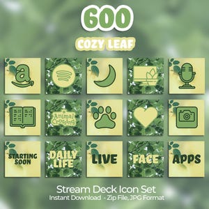 May include: A set of 15 green and yellow icons for a streaming deck. The icons include a microphone, a camera, a heart, a paw print, a book, a moon, a computer screen, a game controller, a shopping cart, a music note, a text bubble, and the words "Starting Soon", "Daily Life", "Live", "Face", and "Apps".