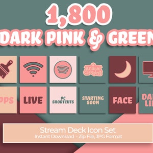May include: A set of 12 Stream Deck icons in a dark pink and green color scheme. The icons include a paintbrush, wifi symbol, music note, Animal Crossing logo, crescent moon, computer monitor, apps, live, PC shortcuts, starting soon, face, and daily life.