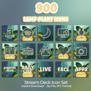 Op de afbeelding: Een set van 900 Stream Deck-pictogrammen met een tropisch plantenthema. De pictogrammen zijn gerangschikt in een raster van 15 vierkanten, waarbij elk vierkant een ander pictogram bevat. De pictogrammen omvatten een verscheidenheid aan populaire sociale mediaplatforms, streamingdiensten en andere apps. De pictogrammen zijn ontworpen voor gebruik met de Stream Deck, een populair streamingapparaat.
