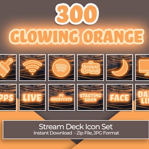 Pode incluir: Um conjunto de 12 ícones Stream Deck laranja brilhantes com vários designs, incluindo um pincel, um símbolo de Wi-Fi, uma nota musical, o logotipo do Animal Crossing, uma lua crescente, um monitor de computador, aplicativos, ao vivo, atalhos de PC, início iminente, rosto e vida cotidiana. Os ícones estão em um fundo de madeira.