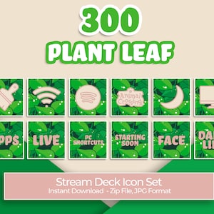May include: A set of 12 green plant leaf themed Stream Deck icons. The icons feature various designs, including a paintbrush, wifi symbol, music notes, Animal Crossing logo, crescent moon, computer monitor, the word "APPS", the word "LIVE", the words "PC SHORTCUTS", the words "STARTING SOON", the word "FACE", and the words "DAILY LIFE".
