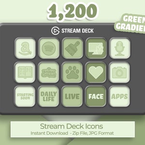 May include: A Stream Deck featuring green gradient icons, such as Amazon, Spotify, and a microphone. The image also displays the text "1,200" and "Green Gradient". The product is labelled "Stream Deck Icons" and is an instant download.