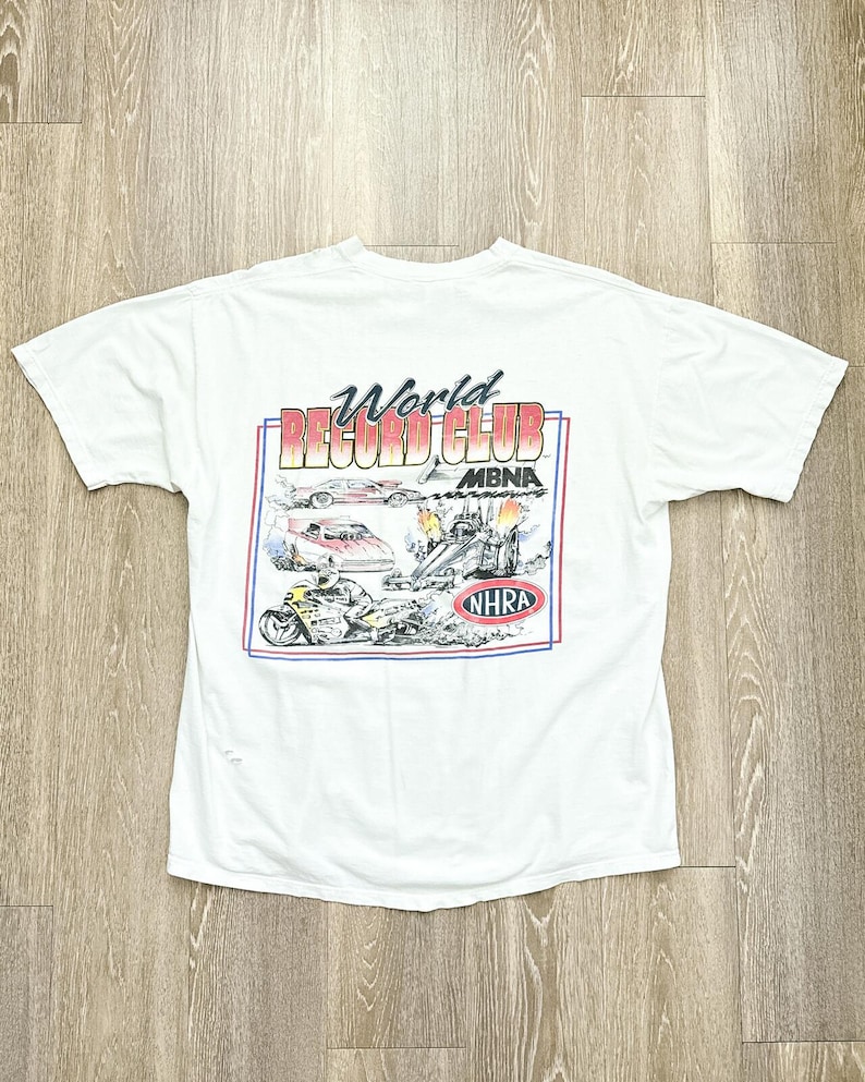 Camiseta de carreras vintage de los 90 del NHRA World Record Club, talla XL para hombre, estilo desgastado y destrozado. imagen 1