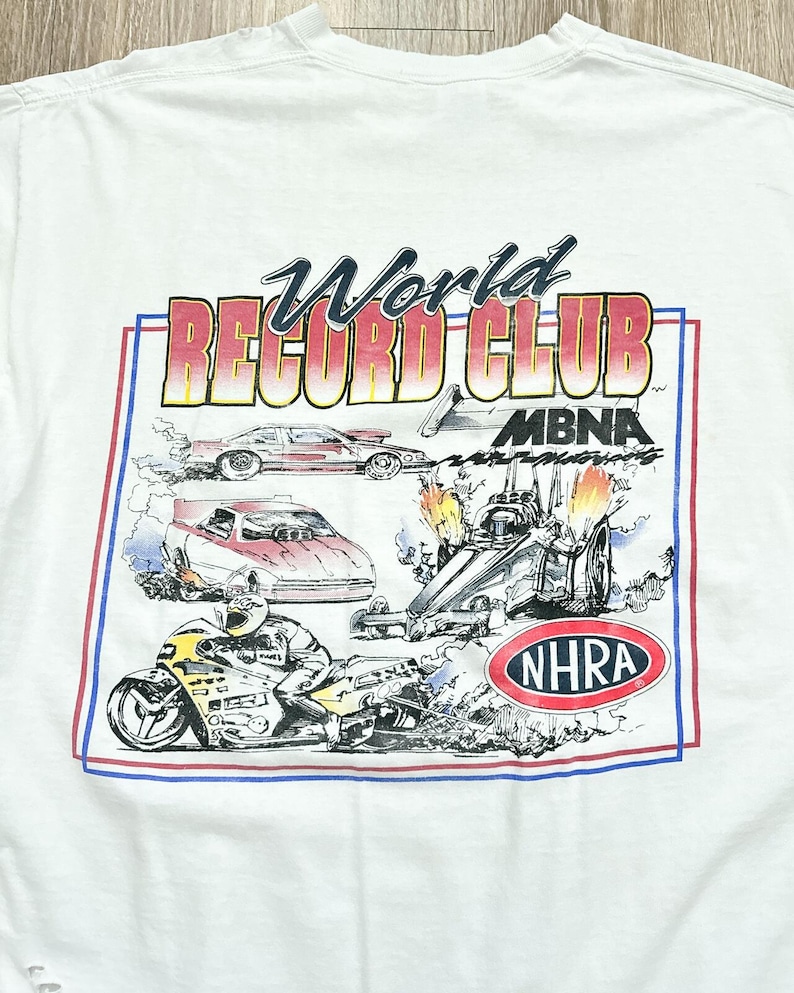 Camiseta de carreras vintage de los 90 del NHRA World Record Club, talla XL para hombre, estilo desgastado y destrozado. imagen 2