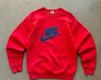 Vintage 90s Nike Embroidered Spell Out Sweatshirt Men's L Red Made In USA Crew