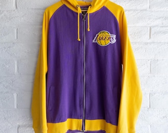 Sudadera con capucha y cremallera de Los Angeles Lakers de la década de 2000, estilo retro, para hombre, talla L, color amarillo y morado