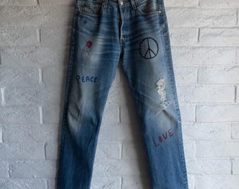 Jeans Levi's 501 vintage anni '90, stile Scribble Grunge ERD, da uomo, taglia 32, con patta e bottoni, stile Western