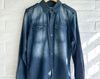Camicia in denim Vintage Xtreme Couture da uomo taglia M, lavaggio stone wash anni '20, stile Affliction Grunge MMA