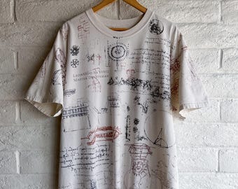 Camiseta vintage de Leonardo Da Vinci de los años 90 para hombre, talla XL, AOP, con dibujos de garabatos