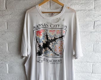 Camiseta vintage de los años 90 de Robert Azank con arte fractal de Kansas City para hombre, talla 2XL, con costuras simples y desgastada