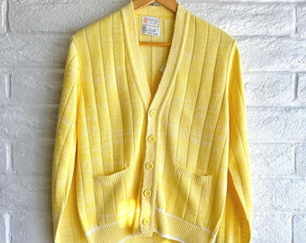Vintage 1970s Byford Cardigan Sweater Pastel Yellow Men's S Deadstock With Tags Preppy Mod Grandpa