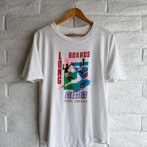 Vintage 1980s Poly Tees Hawaii San Diego Long Boards T Shirt Men's L Single Stitch Distressed Threadbare Surf Style