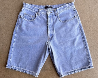 Vintage jaren 90 Guess Jeans Denim Shorts Jorts 30 Thrashed Distressed Surf Style Lavendel-paarse wassing heren 30 Thrashed Made in USA