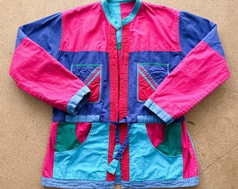 Vintage jaren 80 patchwork omkeerbaar katoenen damesjack met colorblock en kleurvlakken, één maat kleurrijk