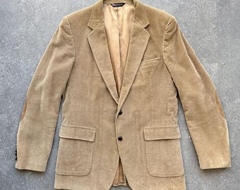 Vintage 80s Corduroy Sport Coat Men's 46R Tan Blazer Suede Elbow Patches USA