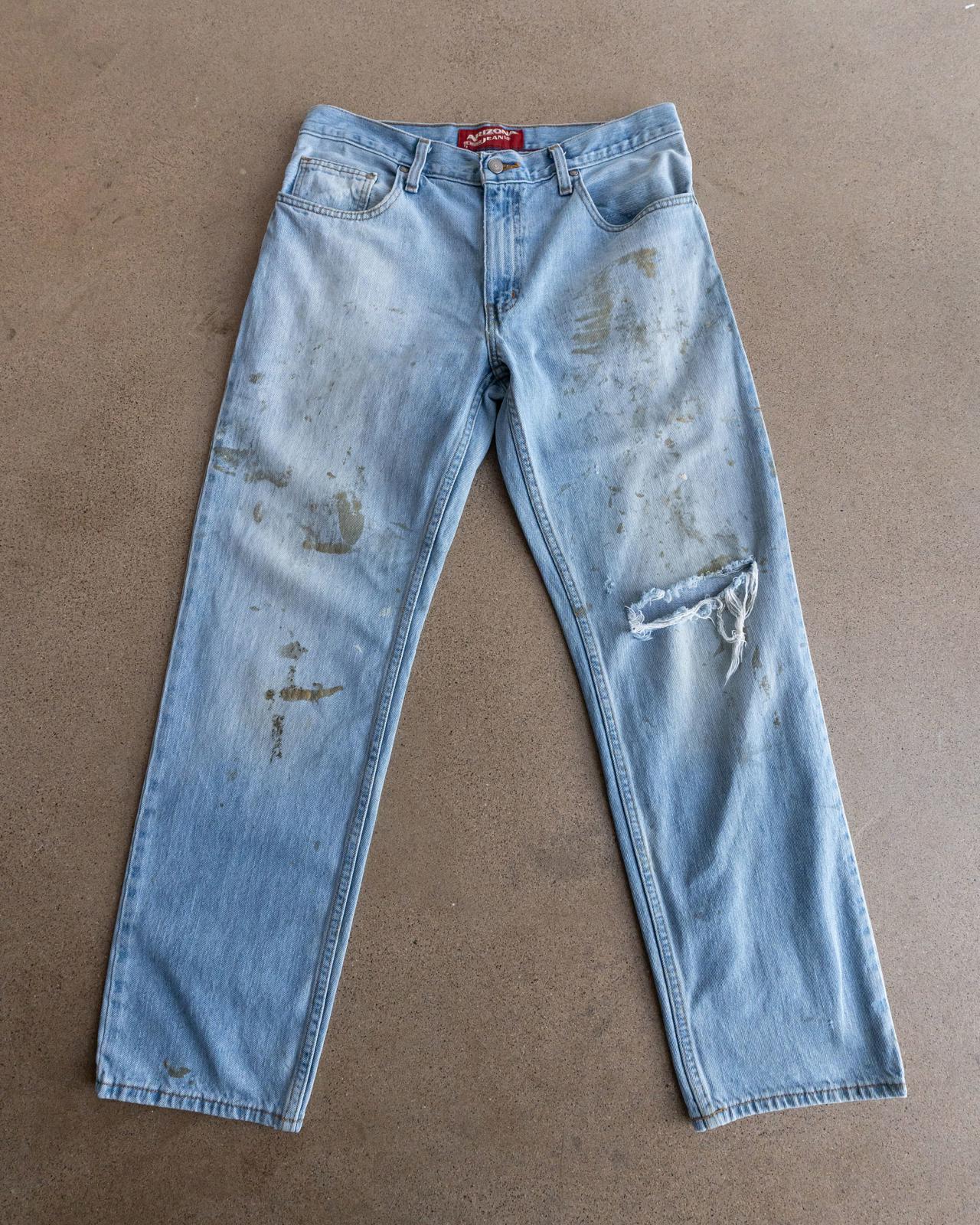 Mens Distressed Paint Splatter Vintage Washed Straight Fit Jeans