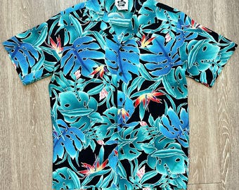 Vintage 80s Hilo Hattie Hawaiian Shirt Men's M Blue Hibiscus Floral Cotton USA