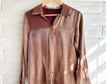Blusa vintage Rafaella transparente iridiscente para mujer, talla L, color bronce dorado brillante, ideal para fiestas estilo Y2K.