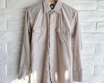 Vintage 90s Karman Striped Western Shirt Beige White Men's M Pearl Snap Buttons Cowboy