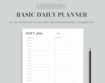 Basic Daily Planner, Daily Planner Printable, Hourly Planner, Daily Schedule, Instant Download, A4/A5/Letter/Half Sizes