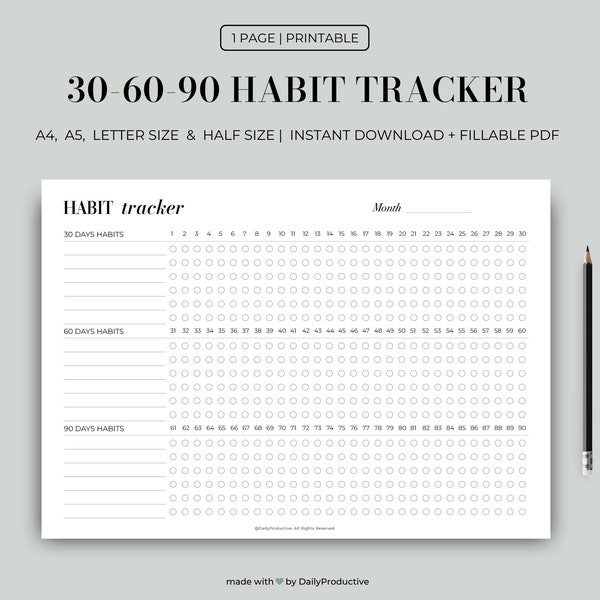 30-60-90 Day Habit Tracker Printable, 30-day Challenge, Goal Tracker, Template Fillable, Instant Download, A4/A5/Letter/Half Sizes